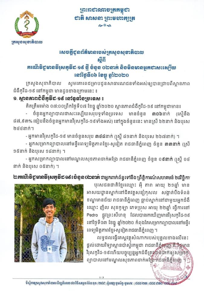 [Covid-19] ក្រសួងសុខាភិបាល រកឃើញករណីវិជ្ជមានកូវីដ-១៩ ថ្មី ចំនួន ០២នាក់បន្ថែមទៀតហើយ