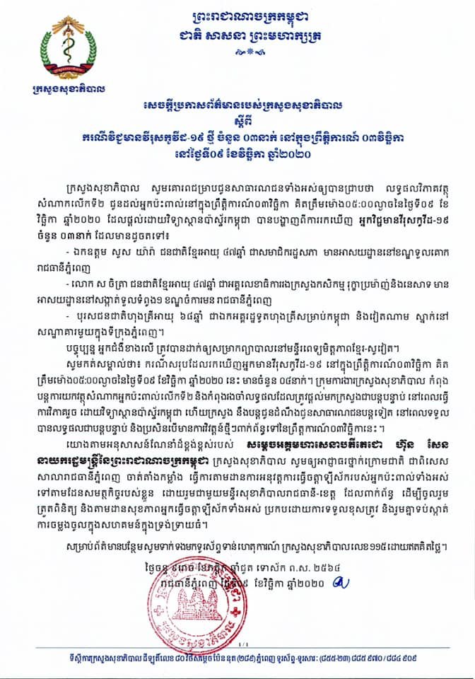 តេស្តលេីកទីពីរនៃអ្នកប៉ះពាល់ក្នុងព្រឹត្តិការណ៌០៣វិច្ឆិកា​ នៅថ្ងៃទី០៩​ ខែវិច្ឆិកា​ ឆ្នាំ២០២០​ គិតត្រឹមម៉ោង០៥:០០ល្ងាច​ រកឃេីញអ្នកវិជ្ជមានចំនួន​ ០៣នាក់​