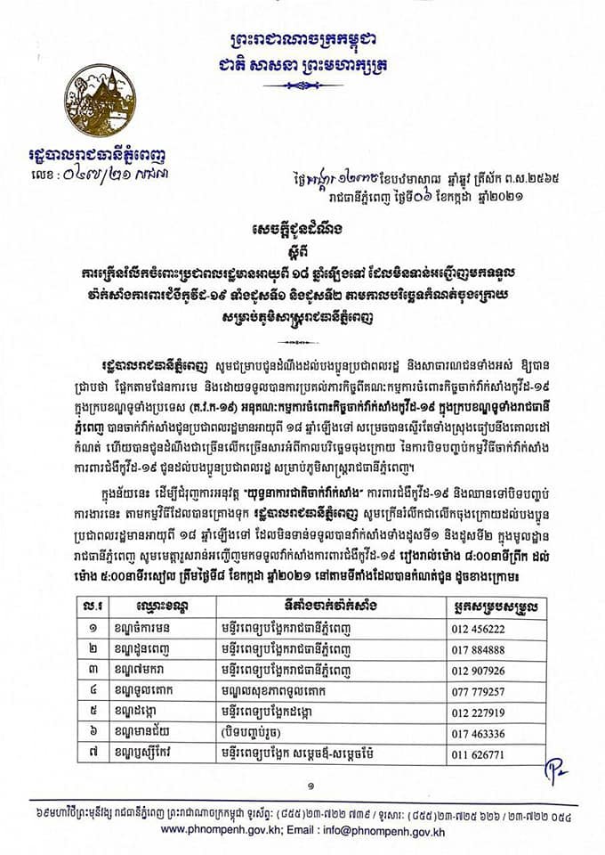 ភូមិសាស្រ្តរាជធានីភ្នំពេញ៖ សូមមេត្តារួសរាន់អញ្ជើញមកទទួលវ៉ាក់សាំងកូវីដ១៩ រៀងរាល់ម៉ោង ៨:០០នាទីព្រឹក ដល់ម៉ោង ៥:០០នាទីរសៀល ត្រឹមថ្ងៃទី៨ ខែកក្កដា ឆ្នាំ២០២១ ទៅតាមទីតាំងដែលបានកំណត់