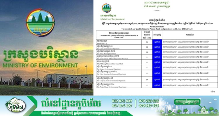 ក្រសួងបរិស្ថាន ជូនដំណឹងស្តីពីគុណភាពខ្យល់នៅរាជធានីភ្នំពេញ និងនៅតាមបណ្តាខេត្តនានា