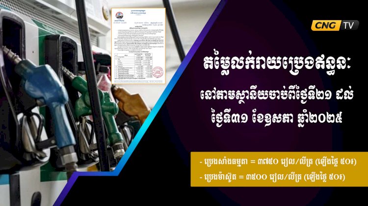 តម្លៃលក់រាយប្រេងឥន្ធនៈនៅតាមស្ថានីយចាប់ពីថ្ងៃទី២១ ដល់ថ្ងៃទី៣១ ខែឧសភា ឆ្នាំ២០២៥
